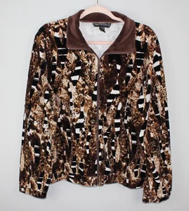 Chaqueta de terciopelo con estampado negro marrón MIRROR IMAGE para mujer talla XL bolsillos cremallera frontal - Imagen 1 de 9