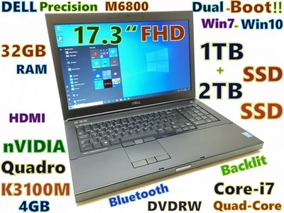 DUAL-BOOT Workstation 17.3" DELL M6800 i7-QUAD 3TB SSD  DVDRW 32GB NVIDIA (4GB) - Image 1 of 4
