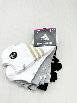 NUEVO CON ETIQUETAS Adidas Niñas Superlite Calcetines 6 Pares No Show Talla M Blanco Negro Gris RARO Foto 1 de 4