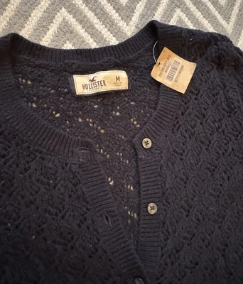 NEW Hollister Vintage Y2K Navy Crochet Cardigan Sweater Women’s Medium Seagull - Image 1 of 4