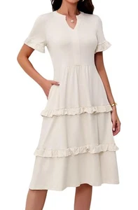 Womens Ruffle Sleeve V Neck Midi Dress Flowy Tiered Boho Beach Vacation Sundress - Picture 1 of 12