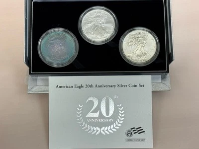 2006 $1 American Eagle Anniversary 3 Coin Silver Set Rainbow Toning Proof. Foto 1 de 4
