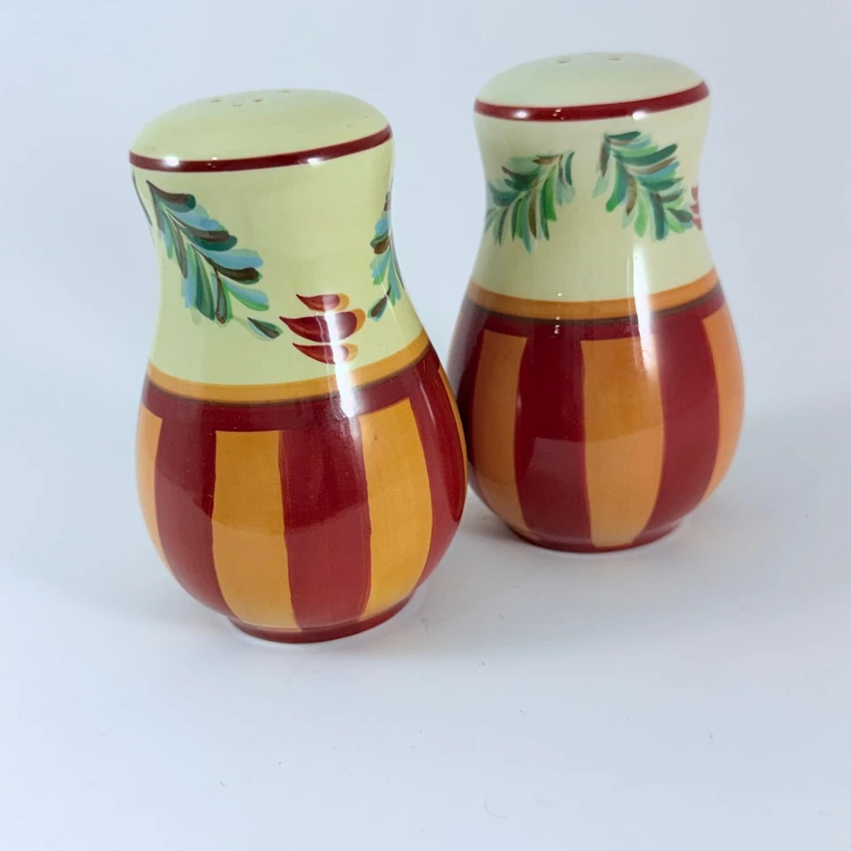 Salero y pimentero de cerámica pintado a mano rojo amarillo a rayas cocina toscana Foto 1 de 4