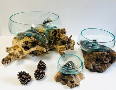Molten Glass Bowl On Teak Root Stand Glass Rustic Wood Decorative Sculpture - Image 1 of 4
