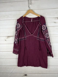 Free People Tunic Dress Womens Small Purple Boho Embroidered Pockets Tassel Top - Picture 1 of 9