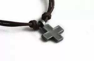 Mens Handmade Genuine Leather Cross Pendant Brown Surfer Necklace - Picture 1 of 3