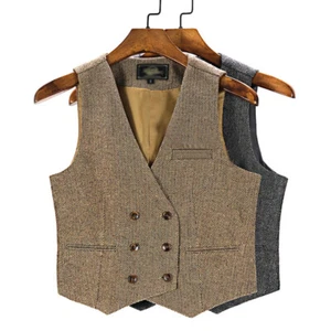 Formal Womens Retro Wool Blend Tweed Vest Herringbone Slim Fit Waistcoat Tuxedo - Picture 1 of 6