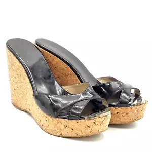 Jimmy Choo Womens Black Patent Leather Wedge Cork Platform Sandal Sz 39 EU 9 US - Picture 1 of 10