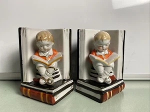 Vintage Porcelain Bookends Boys Reading On Stacked Books Cute Japan - Picture 1 of 10