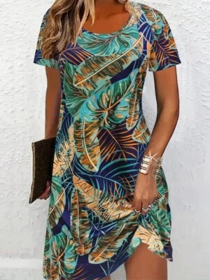 Blue Green Yellow Frond Print Short Sleeve Dress Women’s Plus Size 2XL - Image 1 of 4