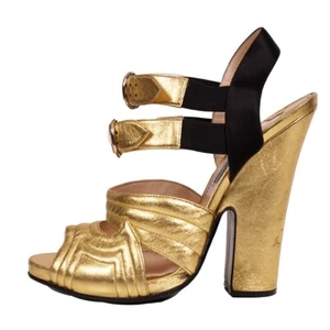 40 US 9.5 NEW $1100 PRADA Vintage 2013 RUNWAY Gold Leather CHUNKY Open Toe HEELS - Picture 1 of 16