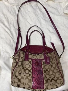 Coach F24884 Signature Stripe Python Snake Zip Satchel Khaki/Raspberry - Picture 1 of 8