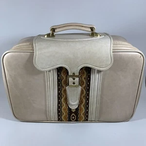 Vintage Retro Carry On Suitcase, Beige Faux Leather with MCM Fabric Panel, 21" L - Picture 1 of 21