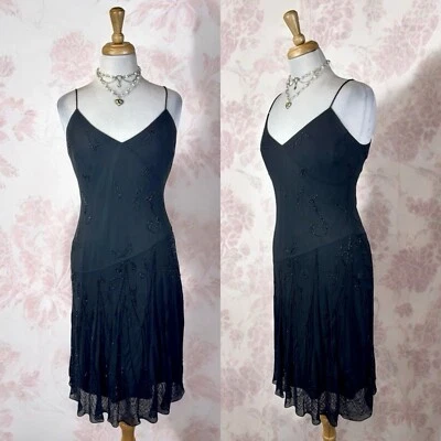 Black Beaded Silk Slip Dress Vintage 90s Fairycore Glam Formal Party Floral US 8 - Image 1 of 4