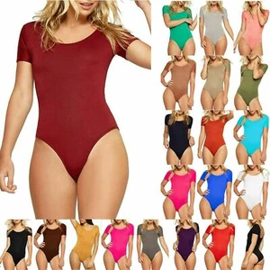 Ladies Short Sleeve Stretchy Womens Casual Scoop Neck Plain Bodysuit Leotard Top - Picture 1 of 17