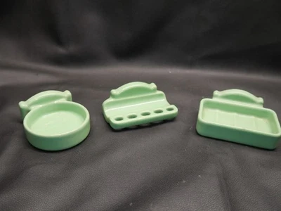 Juego de 3 SOPORTE DE CEPILLO DE DIENTES Y JABÓN ARQUITECTÓNICO BAÑO VERDE JADE AÑOS 40 Foto 1 de 4