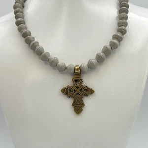 Gray Beaded Pendant Necklace Brass Cross Akola Signed 28 inches - Picture 1 of 12