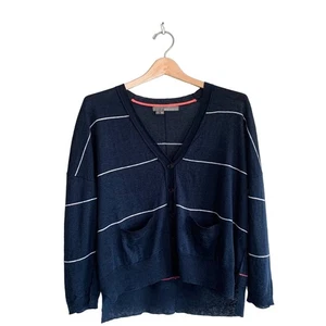 360 Cashmere Navy Blue and White Mini Button Up Cardigan Sweater Small - Picture 1 of 7