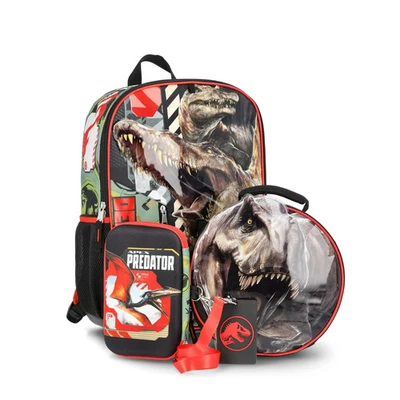 JURASSIC PARK Jurassic World Boys 4-Piece Backpack Lunch Box Set 17" Black Dino School Bag New