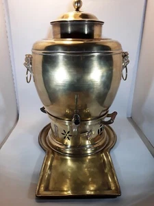 4 Piece Antique Brass Chinese Samovar Hot Water Pot Huge Urn w/ Foo Dog Handles  - Picture 1 of 9