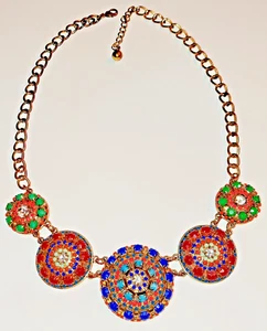 South Western Style Necklace Boho Seed Bead Rhinestone Brass Chain Bib Circle - Picture 1 of 11