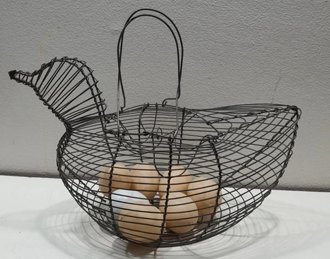 Vintage Wire Chicken Hen Egg Gathering Basket W/plastic Eggs   Farmhouse Cover