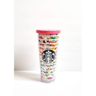 STARBUCKS Venti Cold Cup Tumbler White Stripes Coral Lid Floral 24 oz 2017 - Image 1 of 4
