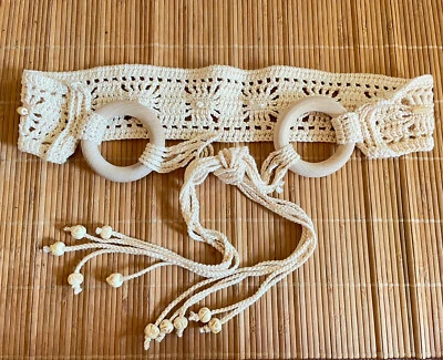 Ручной работы макраме бисером галстук ремень богемное бахрома хиппи фестиваль слоновой кости бежевый винтажный - Изображение 1 из 4