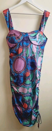 VETEMENTS Abito body in raso Pretty Little Thing UK14 US10 EU42 stampa sciarpa lati increspati