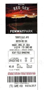 2015 BOSTON RED SOX VS TORONTO BLUE JAYS TICKET STUB 4/27 DEVON TRAVIS HR - Picture 1 of 1