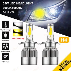 55W H4 Dual Color Car LED Headlight Bulbs Kit 6000K White + 3000K Yellow Lamps - Picture 1 of 12