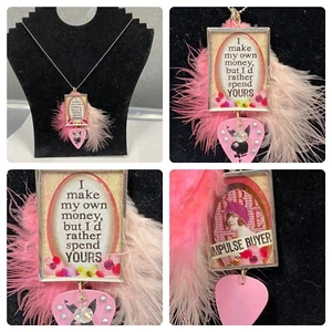 Hand Embellished Necklace ball chain pink feather playboy "I make my own money" - Picture 1 of 7