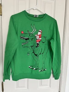 Jem Big Boys Santa T-Rex Rudolph Sweatshirt sz XL Kelly Green Ugly Christmas EUC - Picture 1 of 6