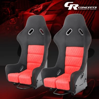2X Universal Suede Leather Fixed Position Racing Bucket Seats w/ Slider Red - Image 1 of 4