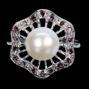 925 Sterling Silver Ring Round Rhodolite Pearl Natural Gemstone Jewelry Size 8 - Picture 1 of 14