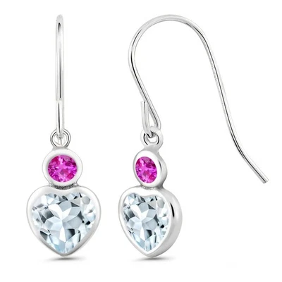 Pendientes colgantes de alambre francés de oro blanco de 14K aguamarina y zafiro rosa para mujer Foto 1 de 3