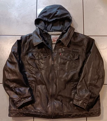 Levi's 人造棕色皮革连帽夏尔巴内衬卡车司机夹克男式 L — 第 1/4 张图片