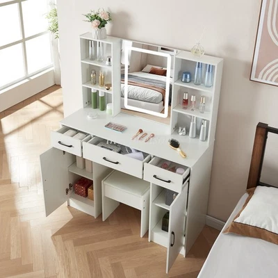 Vanity Set Lighted Mirror 10 LED Bulbs Makeup Dressing Table Dresser Desk Stool - Image 1 of 4