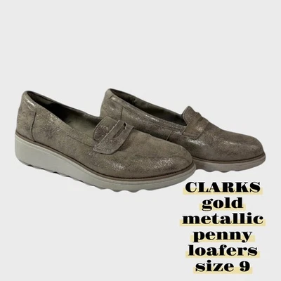Clarks Sharon Ranch Penny Loafer Platform Suede Gold Pewter  Metallic Size 9 - Image 1 of 4
