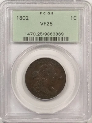 1802 DRAPED BUST CENT - PCGS VF-25, OLD GREEN HOLDER & PREMIUM QUALITY! - Image 1 of 4