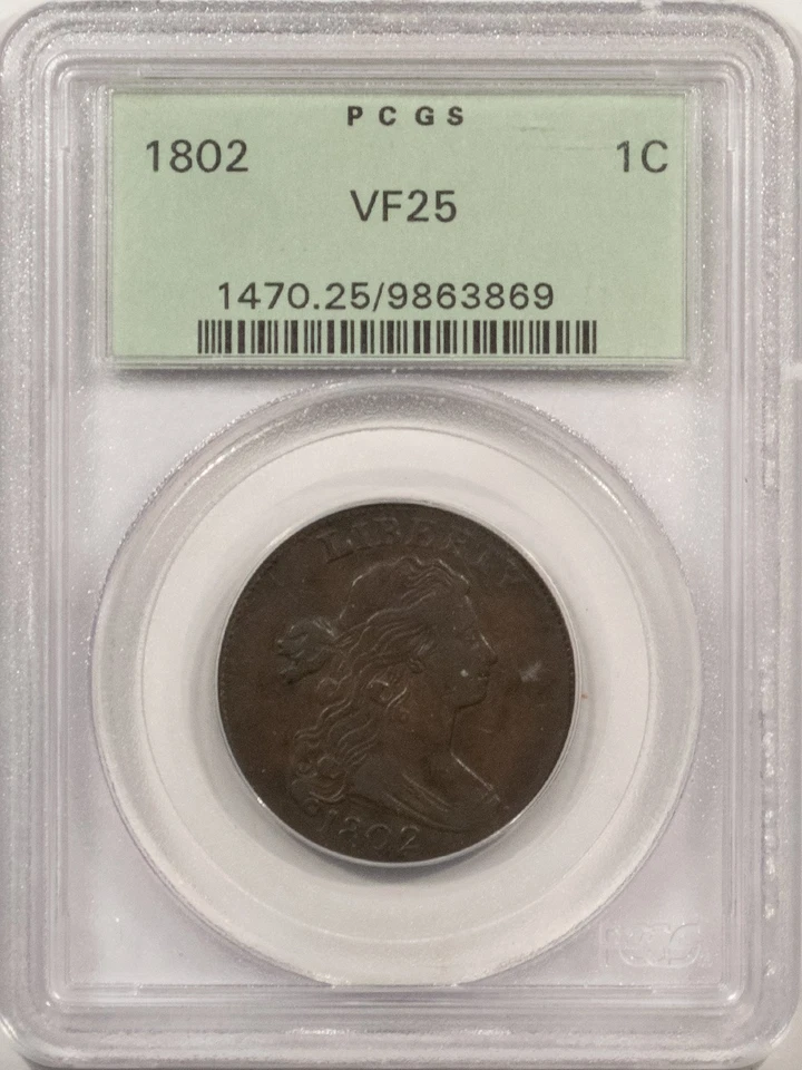 1802 DRAPED BUST CENT - PCGS VF-25, OLD GREEN HOLDER & PREMIUM QUALITY! - Image 1 of 4