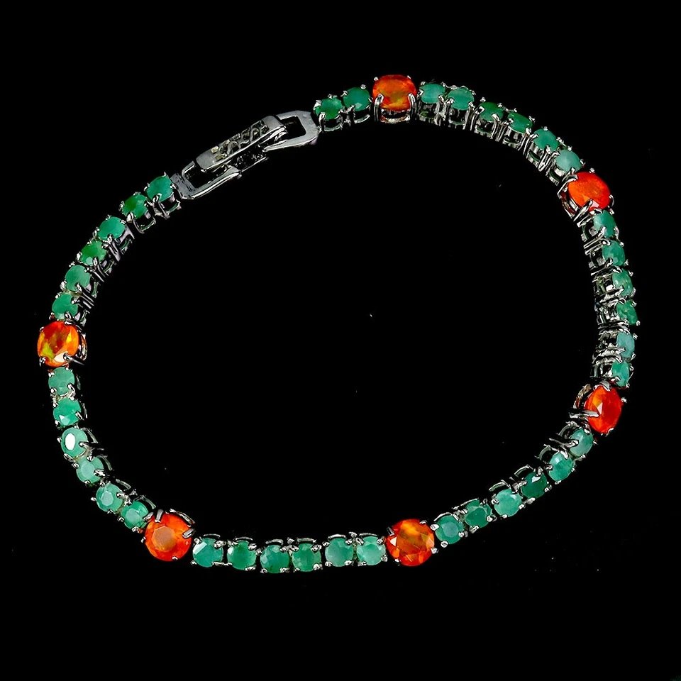 Pulsera de plata de ley 925 redonda naranja ópalo esmeralda piedras preciosas joyería 7,5 pulgadas Foto 1 de 4