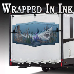 SHARK ATTACK RV Decal - Toy Hauler Trailer Boat Laminated Vinyl Grahic Lift Gate - Picture 1 of 2