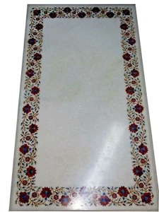 48" x 24" white Marble Table Top Pietra Dura carnelian floral inlay art work - Picture 1 of 1