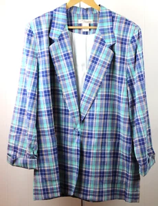 Giacca vintage Norm Thompson donna 18 blu a quadri 100% cotone foderato polsino leggero - Foto 1 di 5