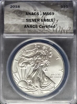 2018 AMERICAN SILVER EAGLE 1$ - ANACS GRADED MS69 - Beautiful Coin! - Image 1 of 3