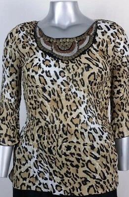 Mujer NICOLA TOP BLUSA TÚNICA Talla S EMBELLECIDO Cuello Manga 3/4 Estampado Animal  Foto 1 de 4