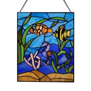 Stained Glass Window Panel Fish Underwater Ocean Scene Vertical Hanging Chain - Picture 1 of 9