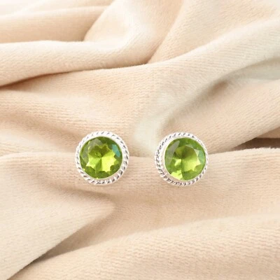 Green Peridot Gemstone 925 Sterling Silver Jewelry Handmade Designer Studs 0.53" - Image 1 of 4