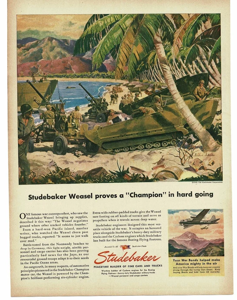 1945 Studebaker built M29 Weasel in Pacific Island Jungle WWII Print Ad 3 - Image 1 of 1